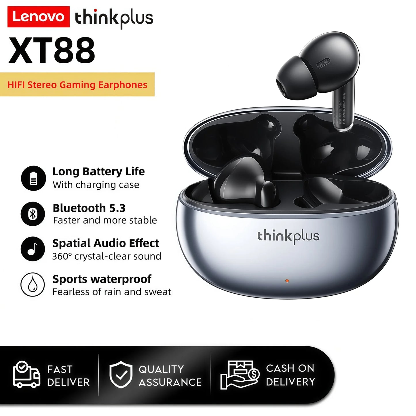 Lenovo GM2 PRO XT88 True Wireless Earbuds – Bluetooth 5.3 Dubbel Mikrofon Touch 4h Speltid Svettskyddad HiFi Bass CE/FCC Vit Svart