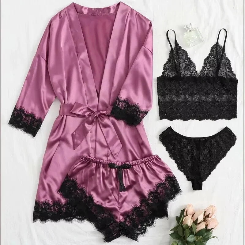 Pyjamasset dam med satinkänsla och spets – sex färger, S–2XL