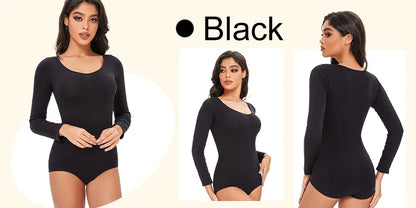 POKARLA Spandex Elastic Body Suit Shapewear Women Body Shaper Tummy Control Long Sleeve Open Crotch Round Neck Seamless Shapers