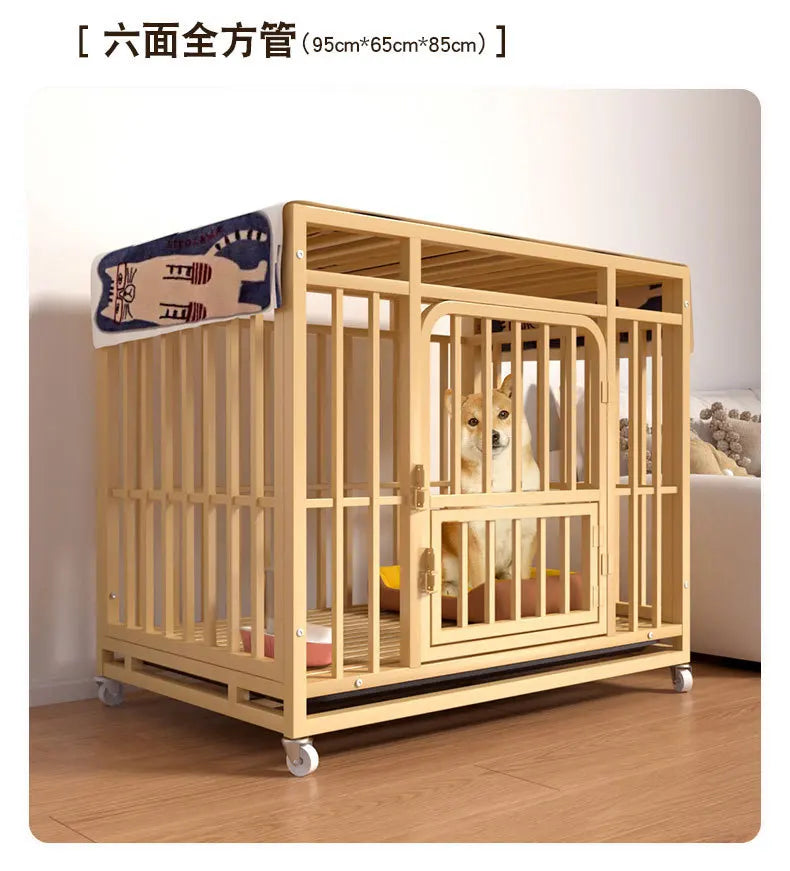Heavy Duty Square Tube Dog Cage for Medium Large Dogs Indoor Metal Kennel with Toilet Tray Foldable Iron Pet Crate Furniture
