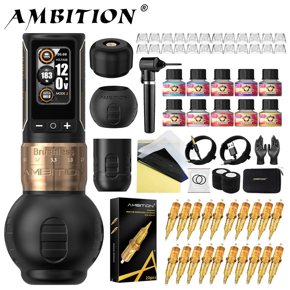 Ambition Ninja Max 280 Wireless Tattoo Machine Pen Full Kit Adjustable Stroke Brushless Motor 20pcs Mixed Needle 10 Inks Set