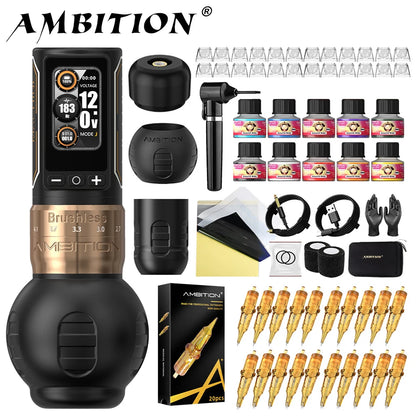Ambition Ninja Max 280 Wireless Tattoo Machine Pen Full Kit Adjustable Stroke Brushless Motor 20pcs Mixed Needle 10 Inks Set