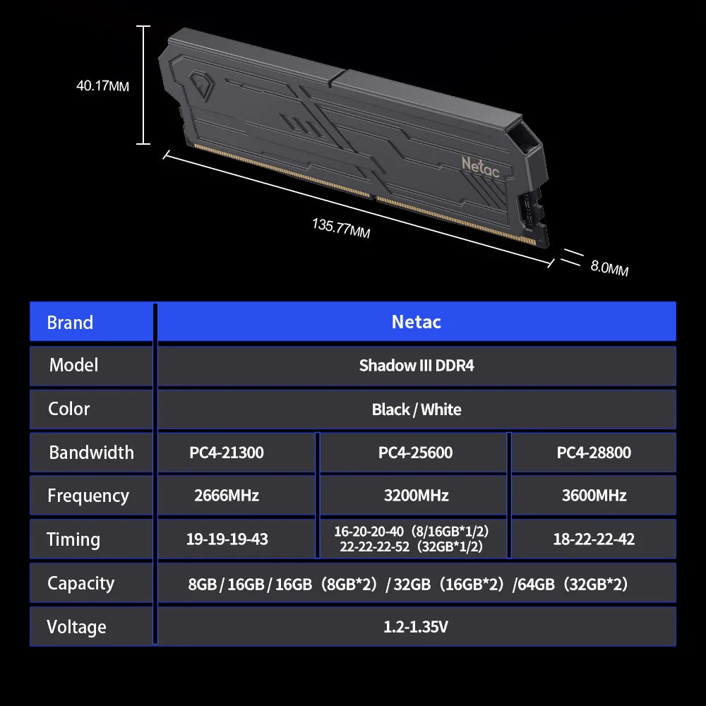 Netac RAM Shadow III DDR4 8Gx2 16Gx2 Memory RAM 3200MHz 3600MHz High-quality ICS DDR5 4800MHz Dual Channel XMP2.0 Freeshipping
