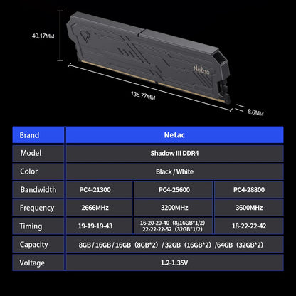 Netac RAM Shadow III DDR4 8Gx2 16Gx2 Memory RAM 3200MHz 3600MHz High-quality ICS DDR5 4800MHz Dual Channel XMP2.0 Freeshipping