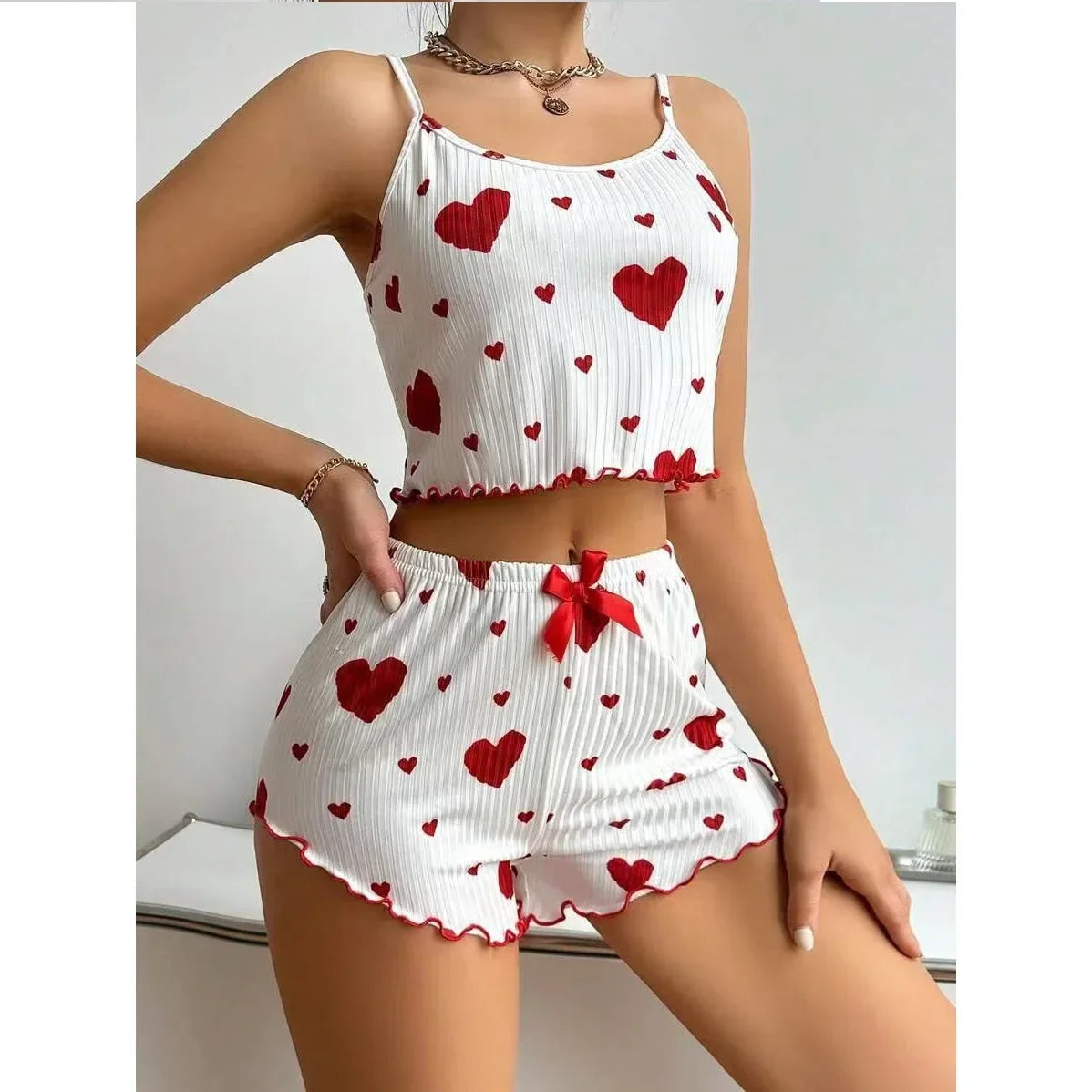 Pyjamasset dam med tryck – linne med smala axelband och shorts, S–XL