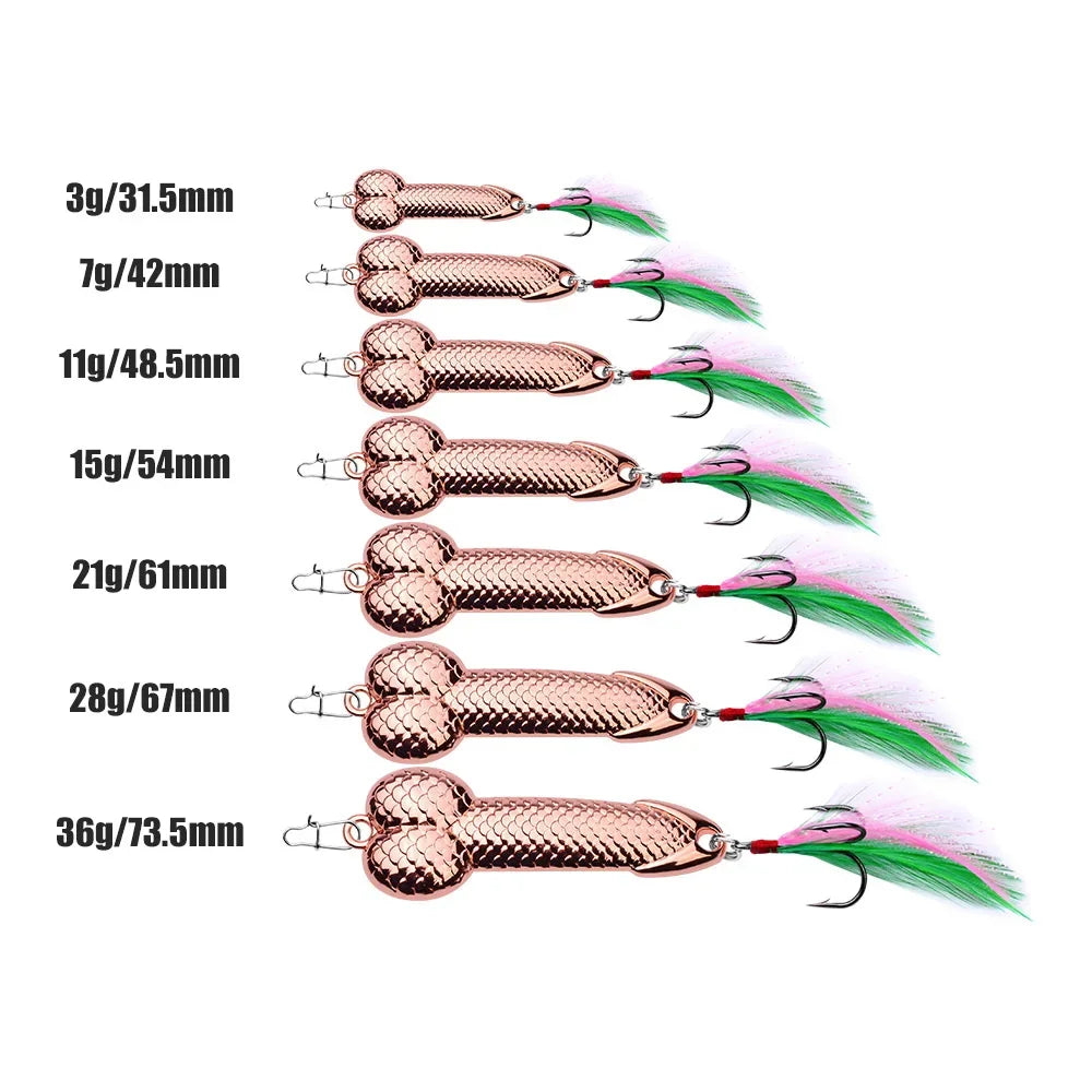 Metal Penis Spoon Lure 3g 7g 11g 15g 21g 28g 36g Hard Bait Tackle Sequin Vibrating Fishing Lure Artificial Bait Feather Hook VIB