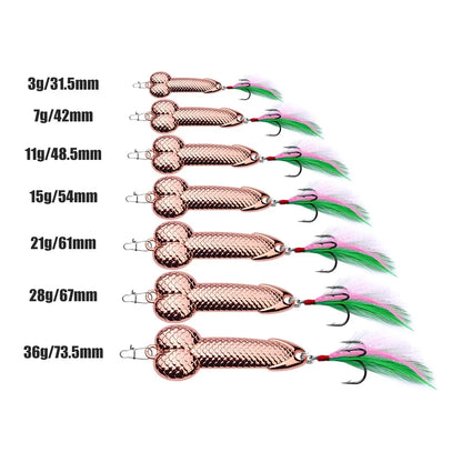 Metal Penis Spoon Lure 3g 7g 11g 15g 21g 28g 36g Hard Bait Tackle Sequin Vibrating Fishing Lure Artificial Bait Feather Hook VIB