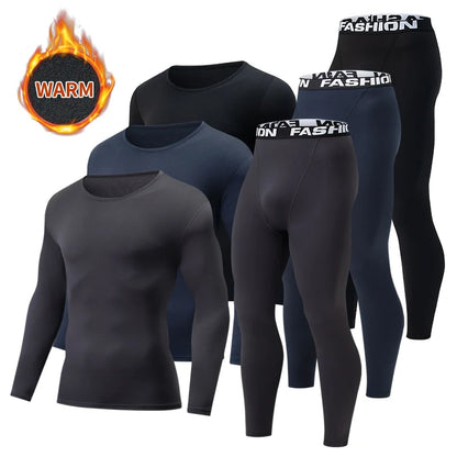 2-pcs Autumn/Winter Men's Thick Warm Underwear Set Large Solid Color Casual Sports Base Shirt Cycling Fitness Elastic Waist Pant