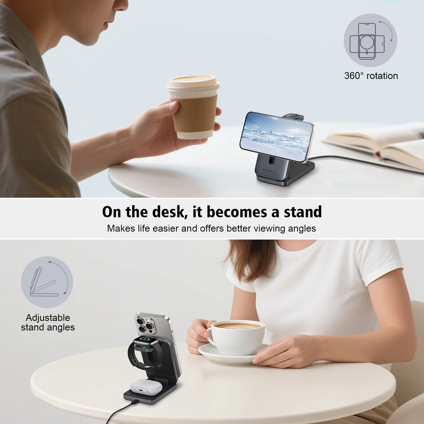 3-in-1 Foldable Magnetic Wireless Charger Station for iPhone 17/16/15/14/13/12 Apple Watch AirPods Wireless Charging Stand