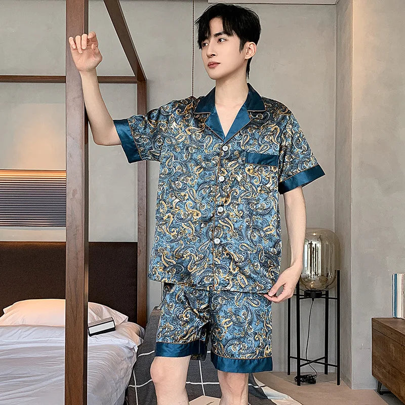 Herr Silk Satin Pyjamas 2-delad – Långärmad Topp & Byxor Tryckt Mönster, Svart/Röd/Marinblå