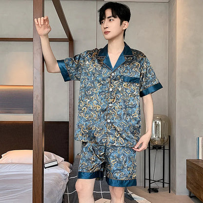 Herr Silk Satin Pyjamas 2-delad – Långärmad Topp & Byxor Tryckt Mönster, Svart/Röd/Marinblå