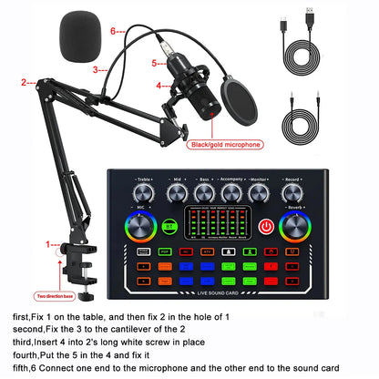 Podcast Equipment Bundle with BM800 Studio Microphone, Live Sound Card with DJ Mixer Effects, Suitable for Live Game, Streaming
