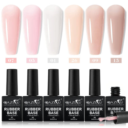 QAZIXU 8ml Rubber Base Gel Nail Polish Set 6 Colors Jelly Pink Natural Color Semi Permanent Soak Off UV LED Nail Art DIY