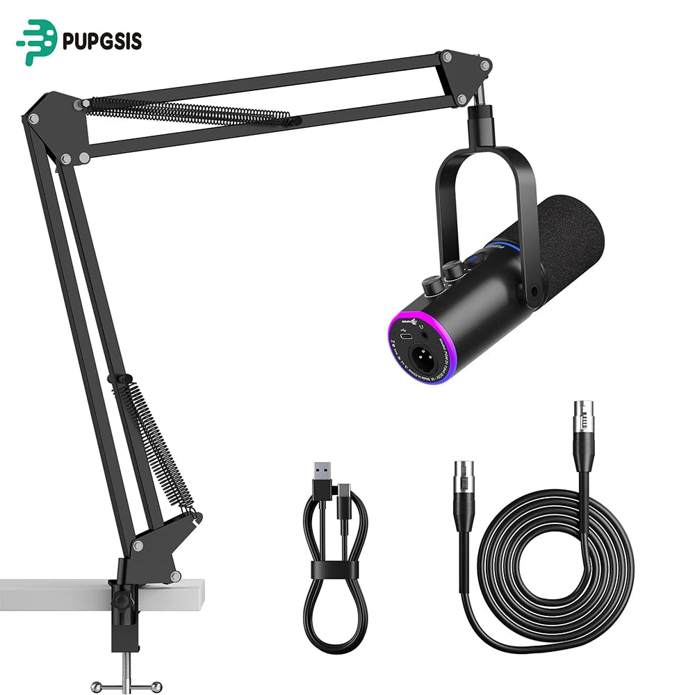XLR/USB Gaming Microphone Kit: Dynamic PC Mic for Streaming Podcasting,  Mute Button, Reverb Effects, RGB Computer Mic with Arm