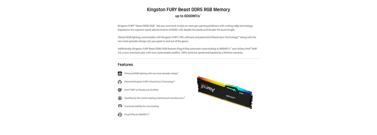 Kingston FURY Beast DDR5 RGB 8GB 16GB 4800 5200 5600MHz Desktop AMD Intel CPU Motherboard Memory RAM 288PIN 1.1V