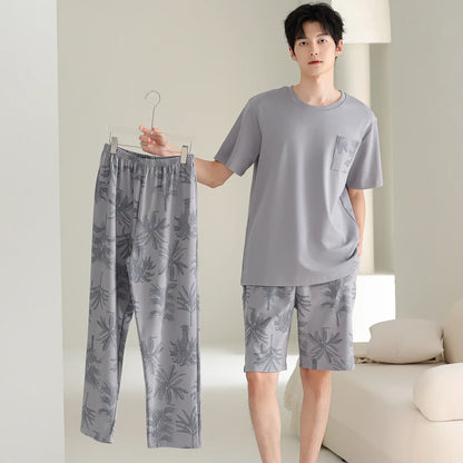 Antibacterial Cotton Pajamas for Men Summer Short Sleeve Shorts Long Pant Three-Piece Set Simple Solid Color Loose Homewear