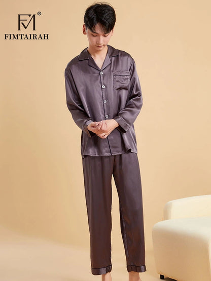 Fimtairah Real 19MM 100% Mulberry Silk Pajamas Men's Autumn  Hangzhou Solid Color heavy Silk Home Wear Men's