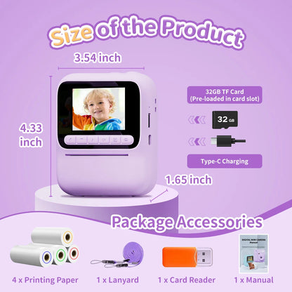 New Kids Instant Digital Camera 2.4 Inch IPS Screen 8X Zoom Mini Single Color Print Camera For Kids 3-12 Years Birthday Gifts