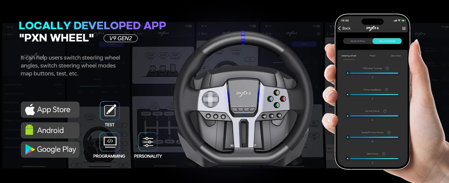 PXN V9 GEN2 Racing Wheel for PC/Xbox/PS4, 270°/900°, Hall 3-Pedal Set, H-Shifter, Dual Paddles, RGB, App