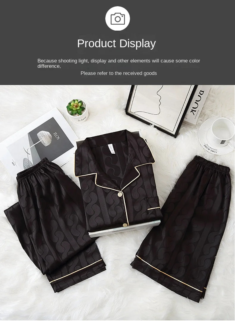 Fashion Summer Autumn 3 Piece Silk Men Pajamas Set Short Sleeve Shorts Oversize Homewear Lapel Collar Loungewear Pijamas for Man
