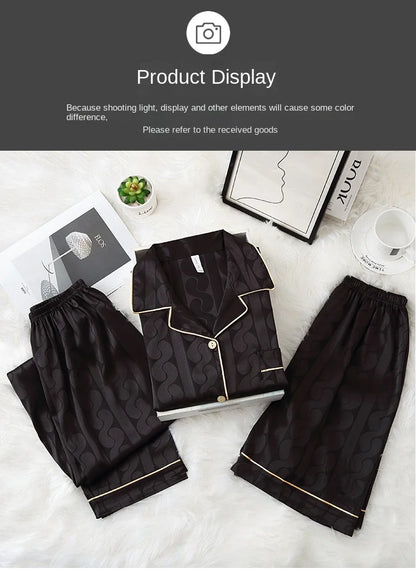 Fashion Summer Autumn 3 Piece Silk Men Pajamas Set Short Sleeve Shorts Oversize Homewear Lapel Collar Loungewear Pijamas for Man