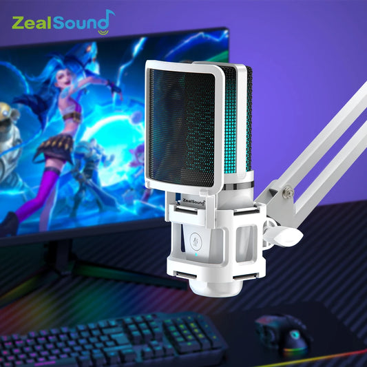 Vit USB-kondensatormikrofon med RGB och mikrofonarm för streaming