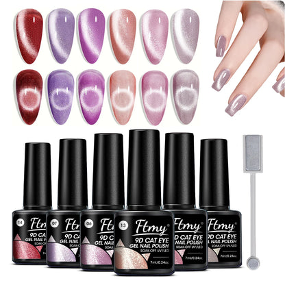 6 Colors Cat'S Eye Magnetic Nail Gel Set, Semi-Permanent UV LED Soak Off Nail Art, Smooth Intense Pigmentation, Odorless, Toxin-