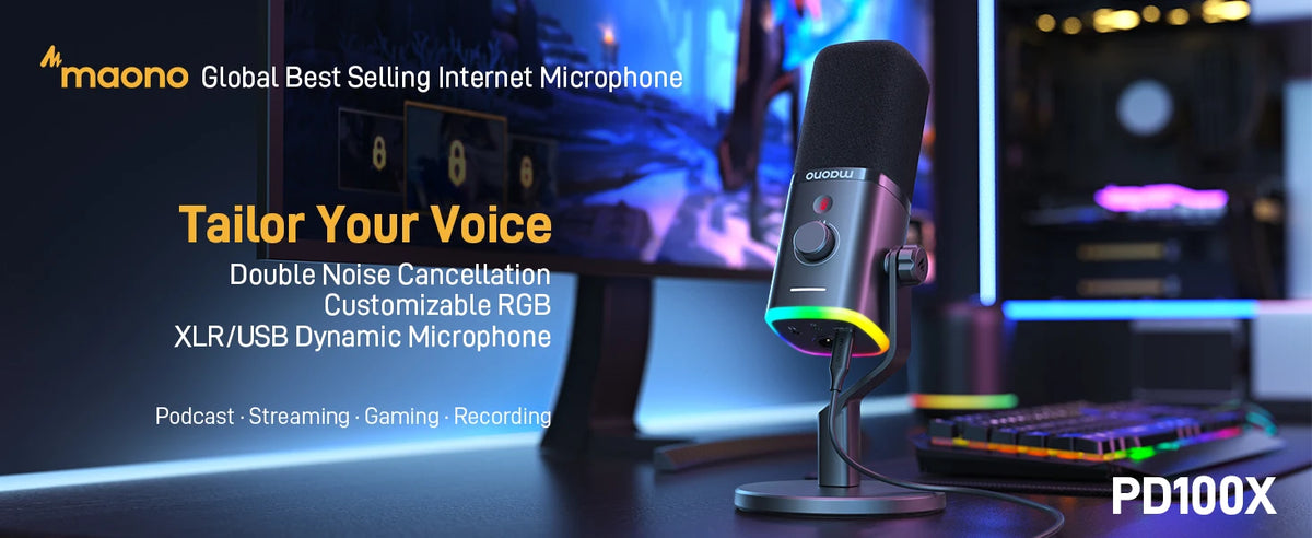 MAONO PD100X Dynamic Microphone. Software Noise Reduction Included. RGB Gaming Mic. Enhances Gaming Experience. Ideal for Record