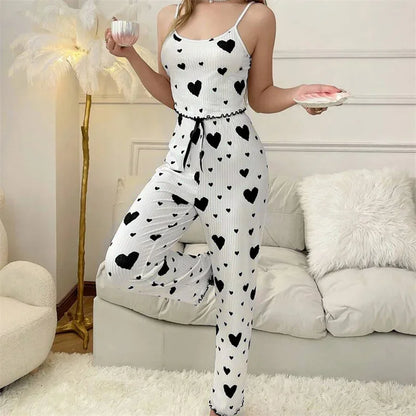 Dam Pyjamas Set Sommar – Volang-Camisole & Långa Byxor Hjärtmönster, Röd & Svart