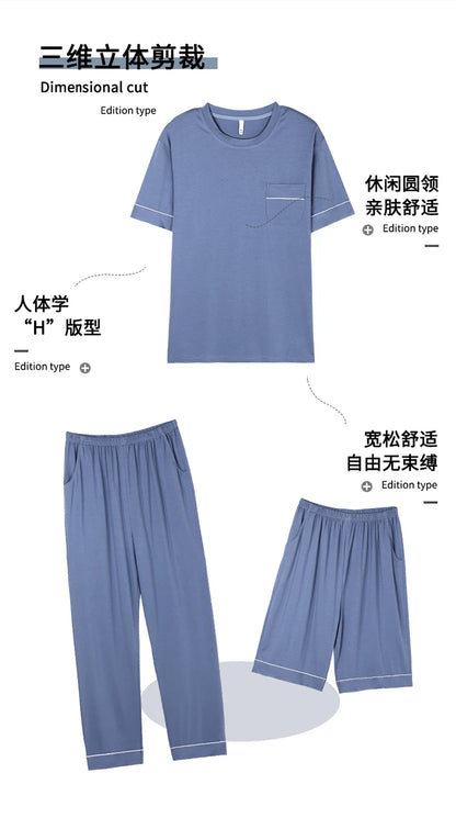Plus Size L-5XL Modal Men's Pijamas Set Summer Soft Nightwear 3 Pieces Set Pajamas Short Sleep Tops & Shorts & Long Pant Hombre