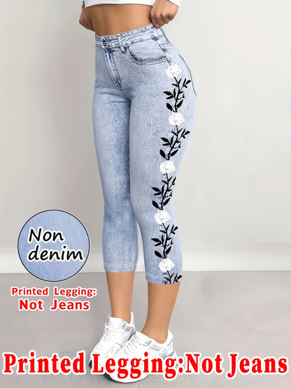 Fashionable Women's Printed Skinny Capris, High-Elastic Seamless Design with Mock Pockets, Ideal for Casual and Sports Wear