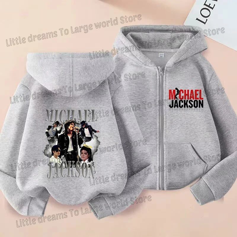 Michael Jackson Thin Long Sleeve Zipper Jacket Boys Hooded Clothes Autumn Spring Singer MJ Zip Up Streetwear with Pocket Tops