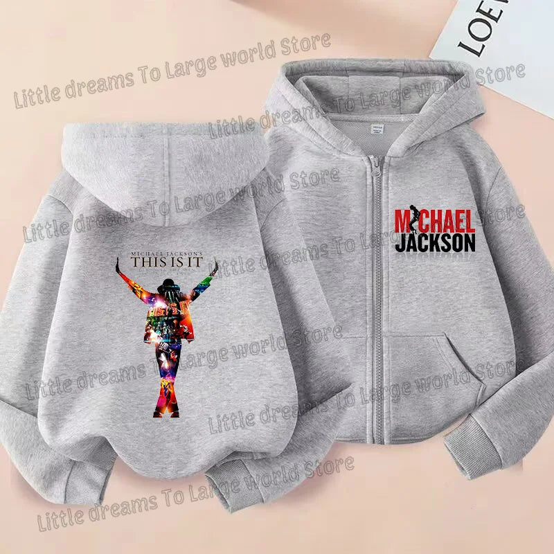 Michael Jackson Thin Long Sleeve Zipper Jacket Boys Hooded Clothes Autumn Spring Singer MJ Zip Up Streetwear with Pocket Tops