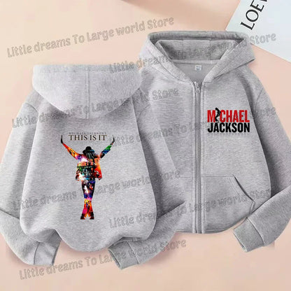 Michael Jackson Thin Long Sleeve Zipper Jacket Boys Hooded Clothes Autumn Spring Singer MJ Zip Up Streetwear with Pocket Tops