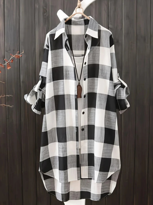 Dam Blus Stor Storlek 2026 – Lös Vintage Randig Rutig Linne Långärmad Koreansk Stil, 1XL–5XL