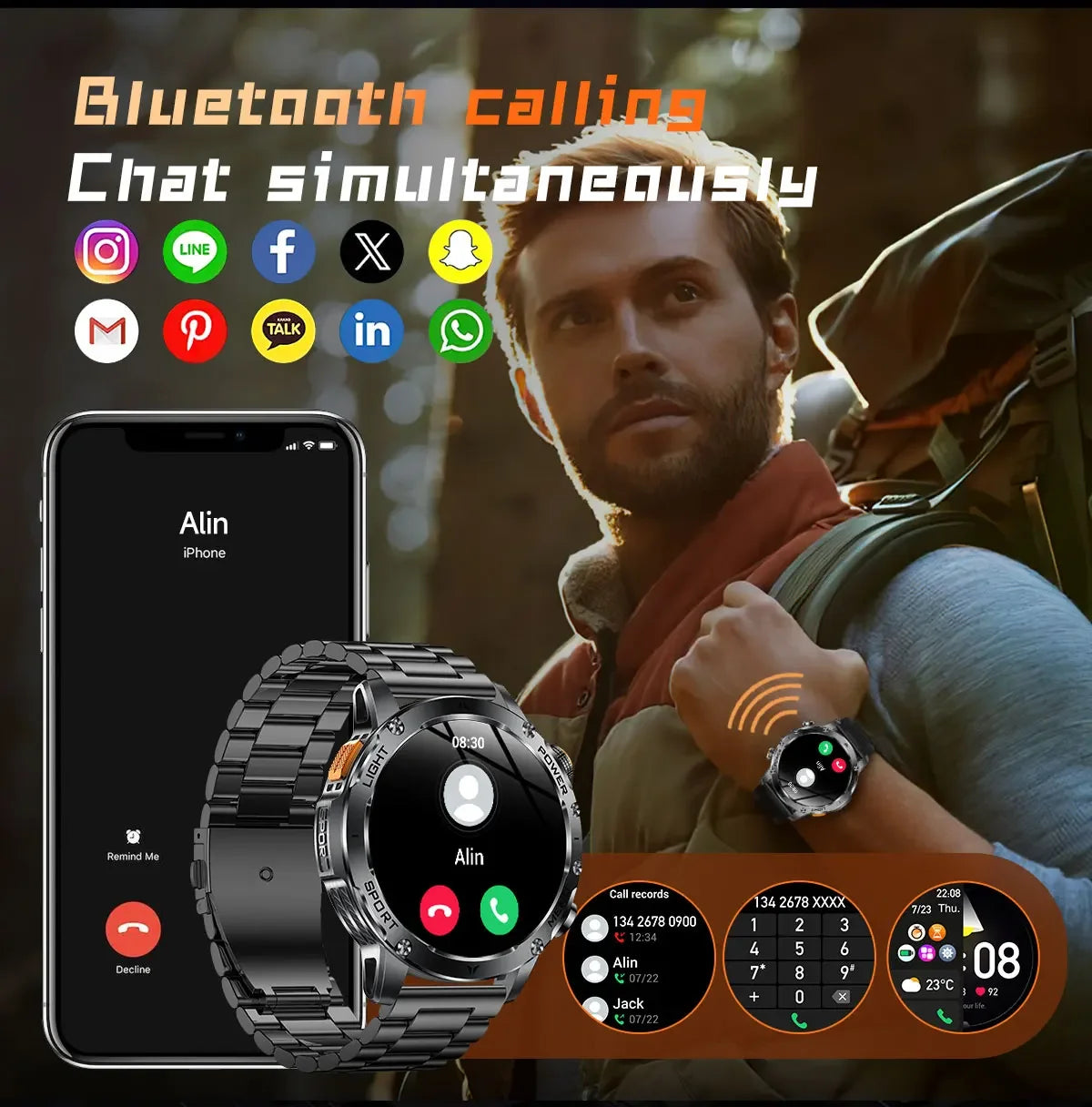 2026 New Men's GPS Outdoor Sports Smart Watch AMOLED Screen NFC Flashlight Heart Rate Monitor Waterproof Bluetooth Call 1000mAh