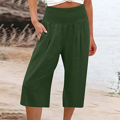 Summer 2024 Amazon Eurn women's cross-border cotton hemp seven waist pocket pocket pocket pocket wide leg pants woman