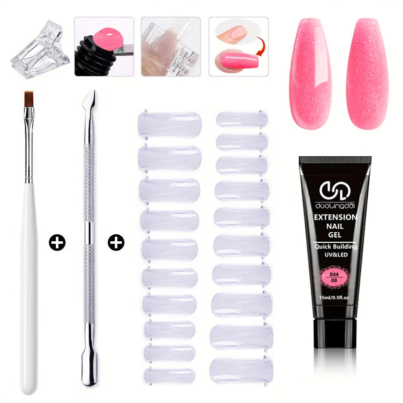 Salon & Home Nail Art Kit - 0.51oz Odorless Quick Build Gel Extension Set with 20 Nail Forms & Tools | Professional UV Sculpting