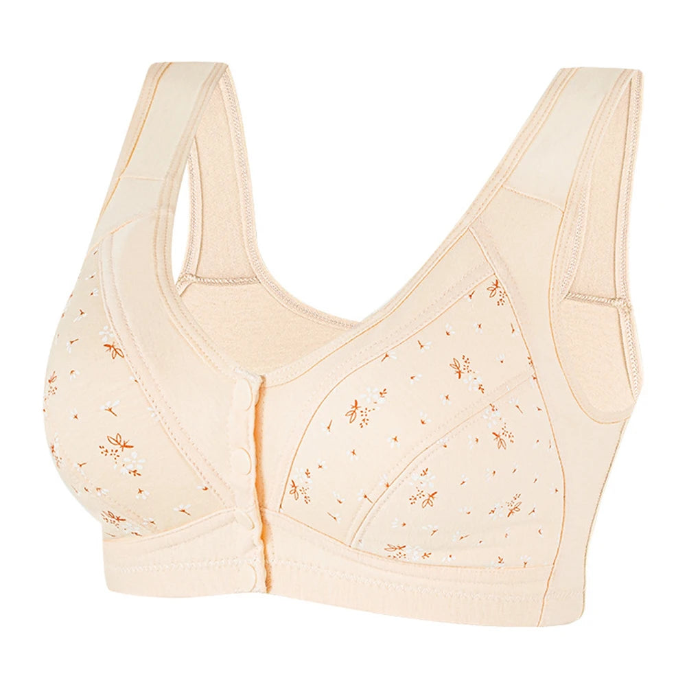 Deep V Neck Bra Skin Color Elderly Bra Cotton Fabric Front Buckle Closure Full Cup Design Regular Length Solid Color