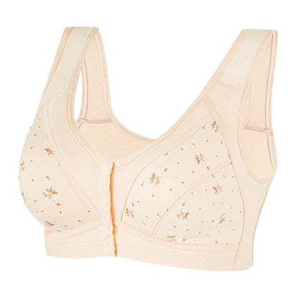 Deep V Neck Bra Skin Color Elderly Bra Cotton Fabric Front Buckle Closure Full Cup Design Regular Length Solid Color