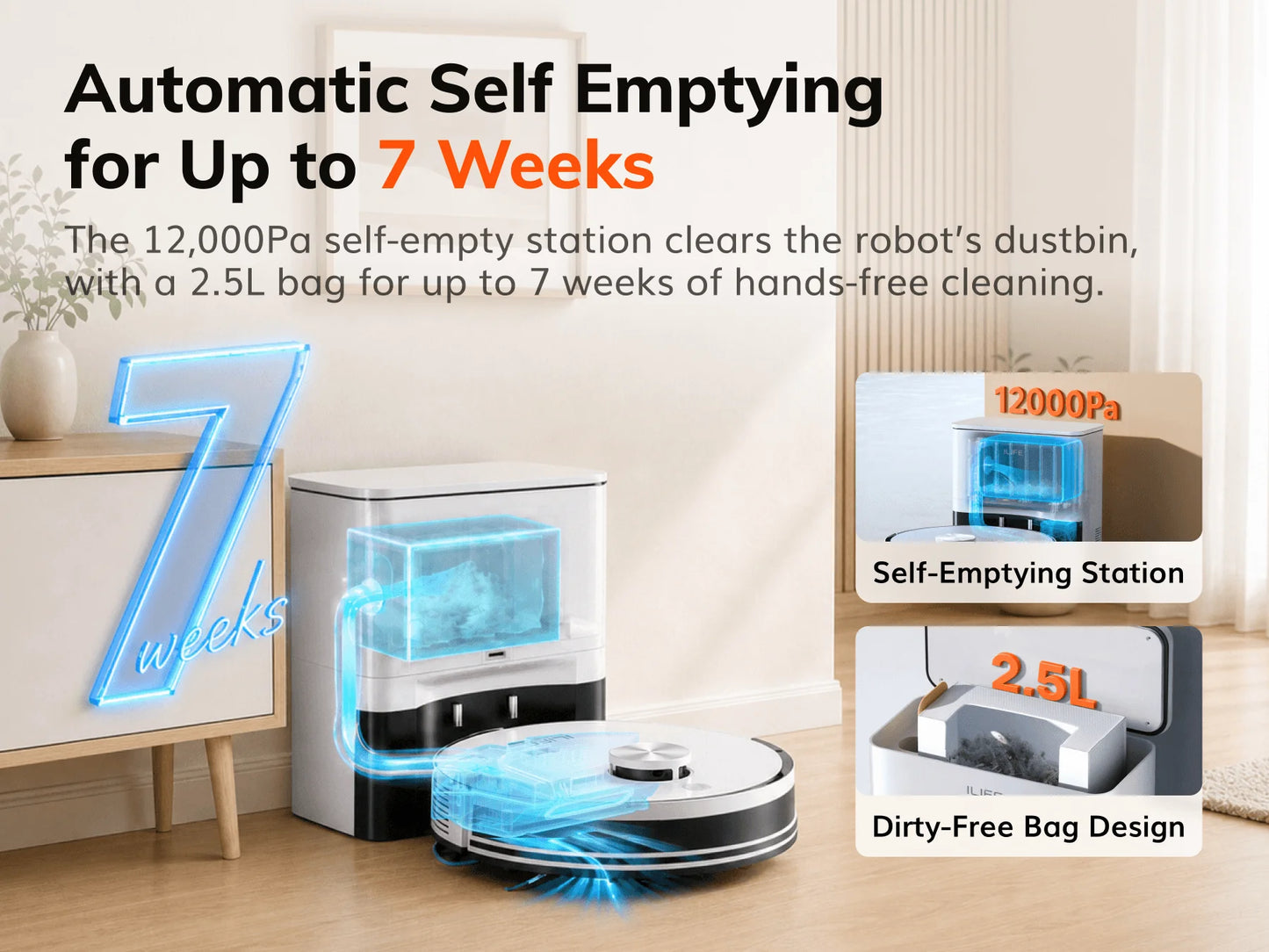ILIFE A30 Pro Robot Vacuum Cleaner with Automatic Self-Emptying Station, 5000Pa Strong Suction, LDS Navigation, 180min Runtime, 2-in-1 Mop and Sweep, APP Control,  HomeFloor Carpet Clean