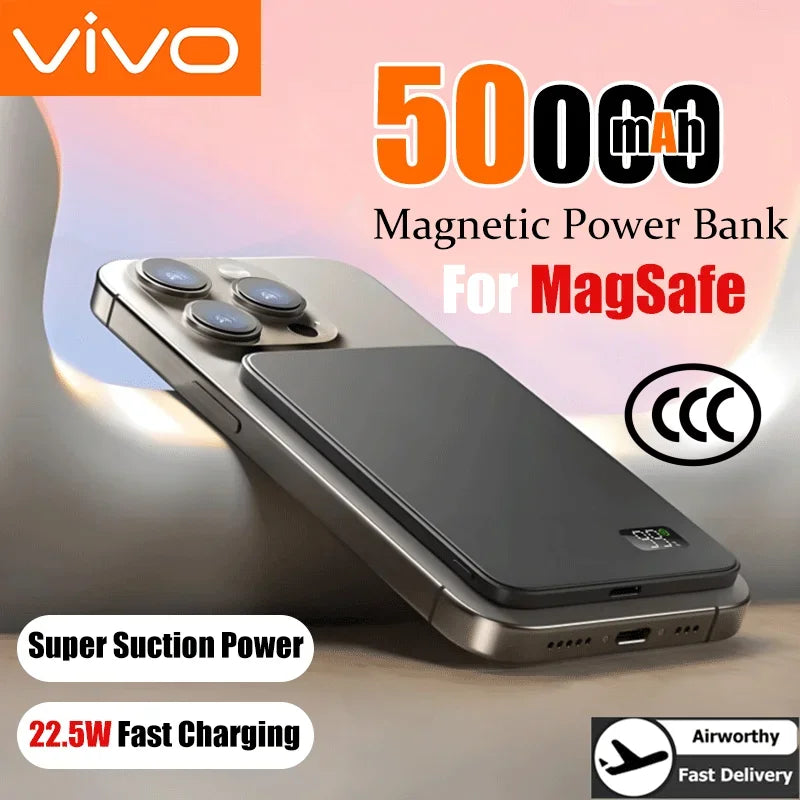 VIVO 50000mAh Thin Magnetic Wireless Power Bank 22.5W Fast Charging Portable External  Battery for Magsafe For iPhone Samsung