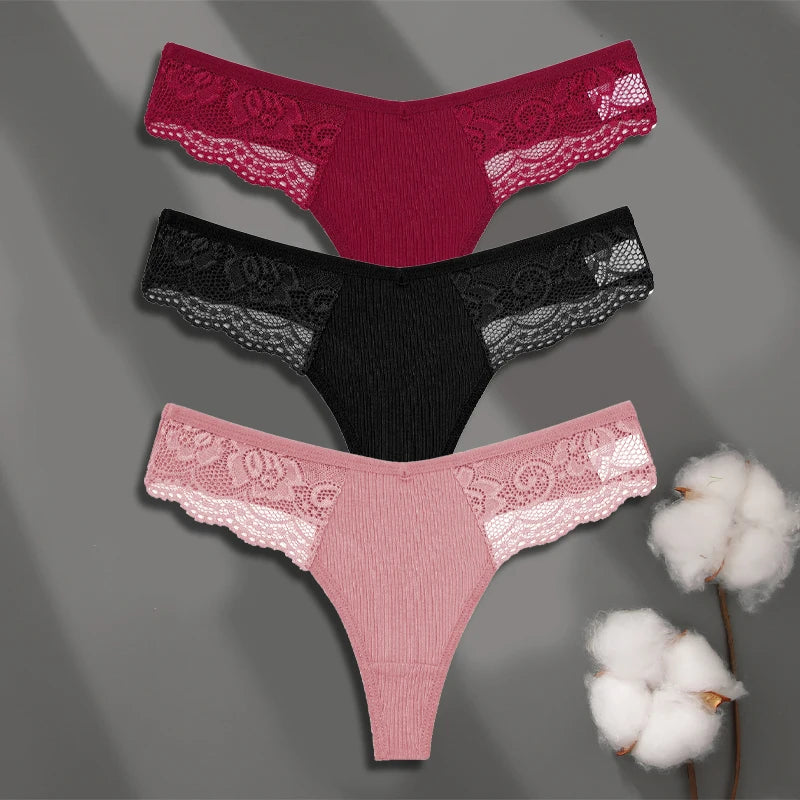 FINETOO 3-pack spetsstring i bomull med låg midja
