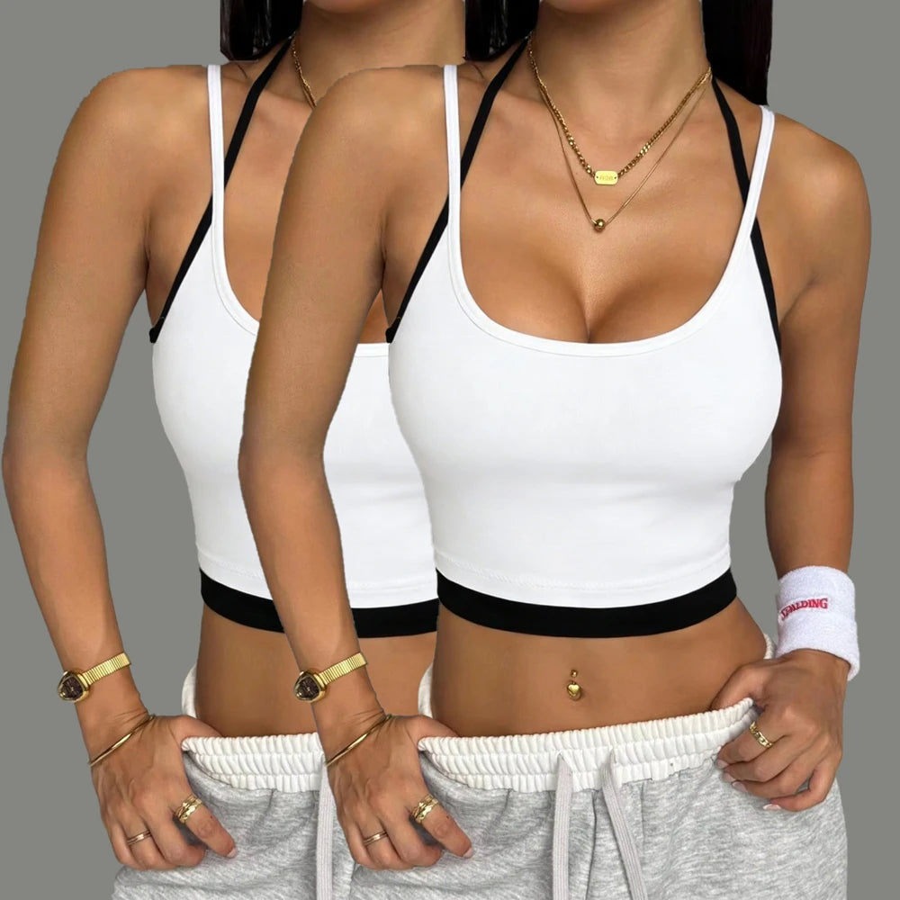 Dam Y2K Linne Crop Top – Sömlös Slim Camisole Fake Tvådelad Sportig Sommar, S–XXL