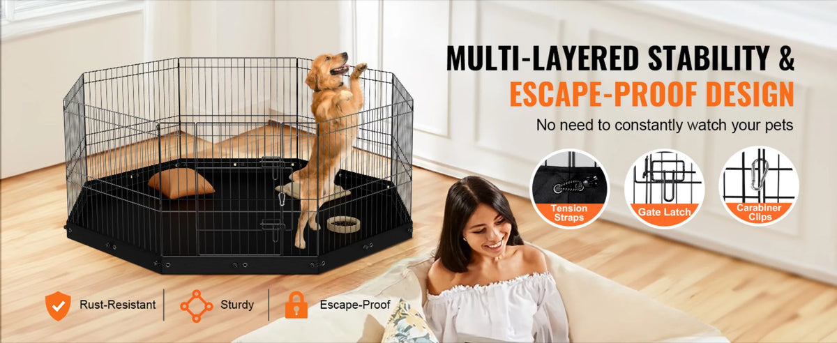 Dog Playpen, 8 Panels Foldable Metal Dog Exercise Pen with Bottom Pad, 61 cm H Pet Fence Puppy Crate Kennel with Ground Stakes, Indoor Outdoor Dog Pen for Small Medium Pets, for Camping, Yard