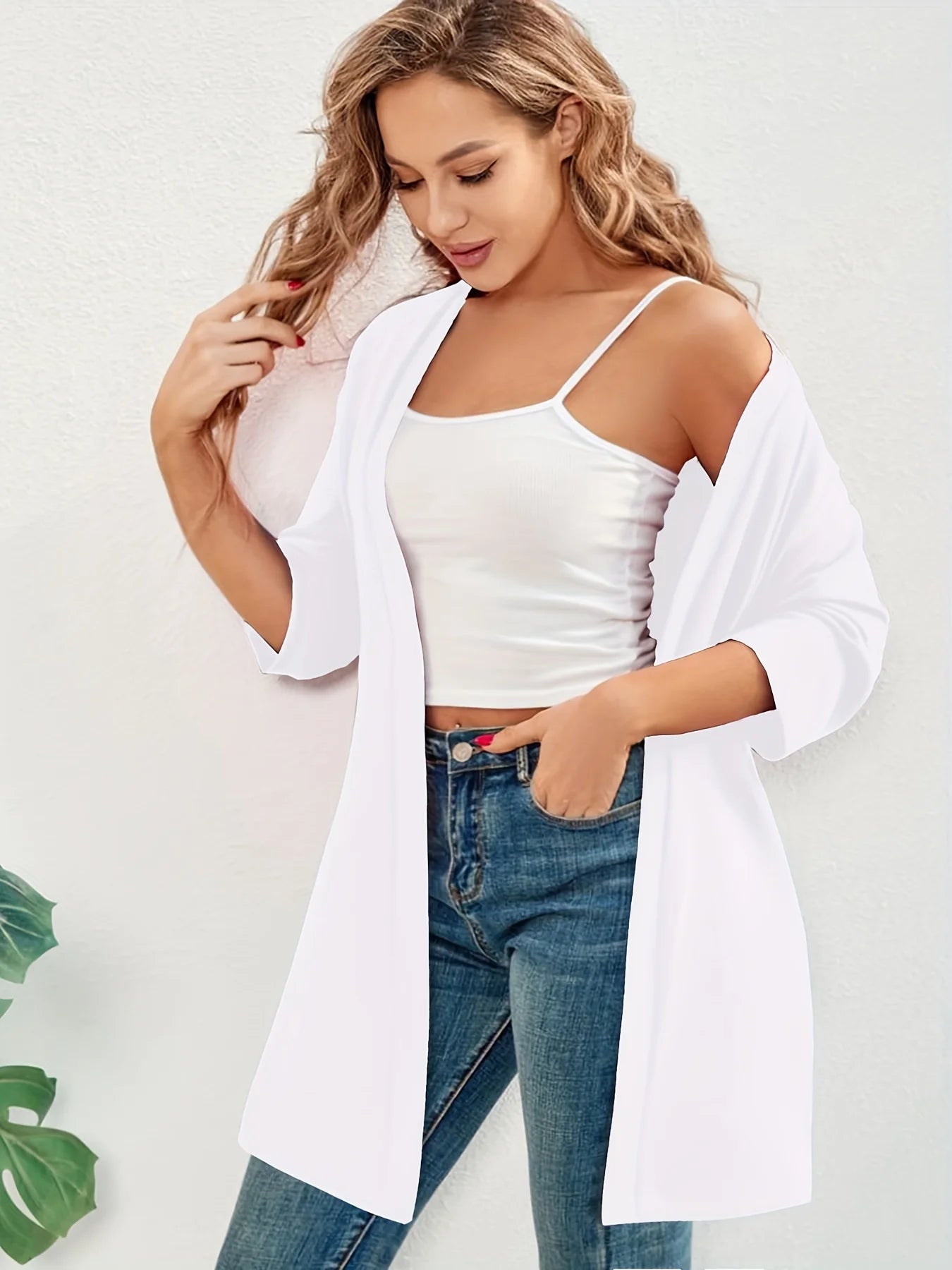 Dam Plus Size Elegant Kofta – Halvlång 3/4-ärm Hög Stretch Öppen Casual Höst/Vinter, 9 Färger XL–4XL
