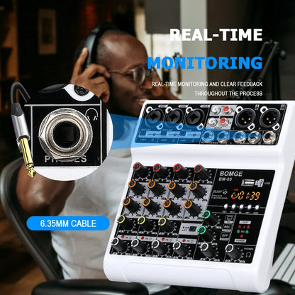 BOMGE 5 Channel Mixer with 3 Mic Line Input 48V Stereo Bluetooth MP3 PC U Dish Recording for Studio with Headphone Monitoring