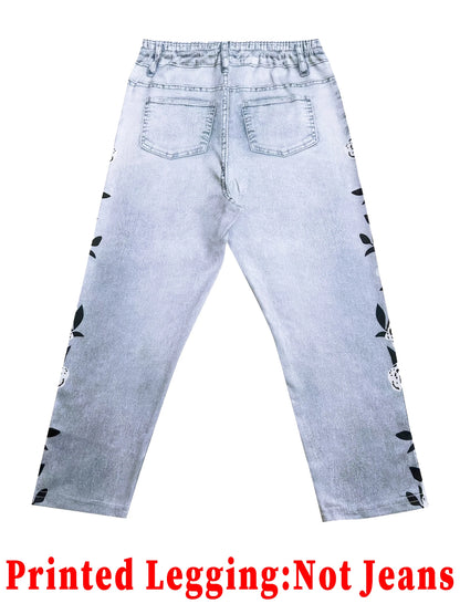 Fashionable Women's Printed Skinny Capris, High-Elastic Seamless Design with Mock Pockets, Ideal for Casual and Sports Wear
