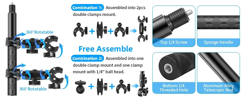 Motorcycle Mount kit for Insta360 X5 X4 X3 X2 RS DJI GoPro Double Clamp Handlebar Selfie Stick for Insta 360 Mount Accessories