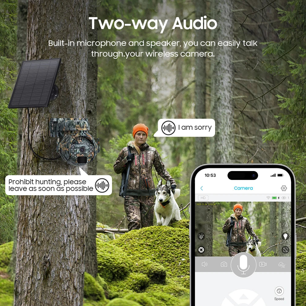 SHIWOJIA 5MP Solcellskamera PTZ – WiFi eller 4G SIM, 360°, PIR-sensor, Kamouflagefärg, Utomhus